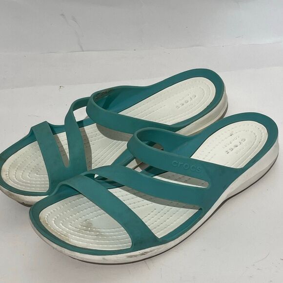 Crocs Women’s Aqua Teal Blue Slip On Swiftwater Strappy Slide Sandals Size 7 - Picture 4 of 11